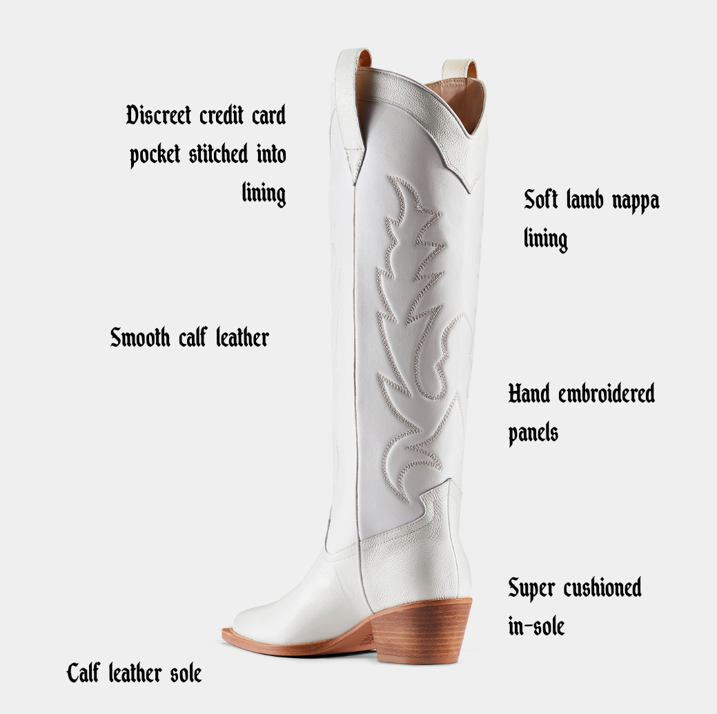 White cowboy boot with embroidered details on a white background