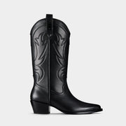 Black cowboy boot with embroidered design and metal branding on a light grey background - side view.