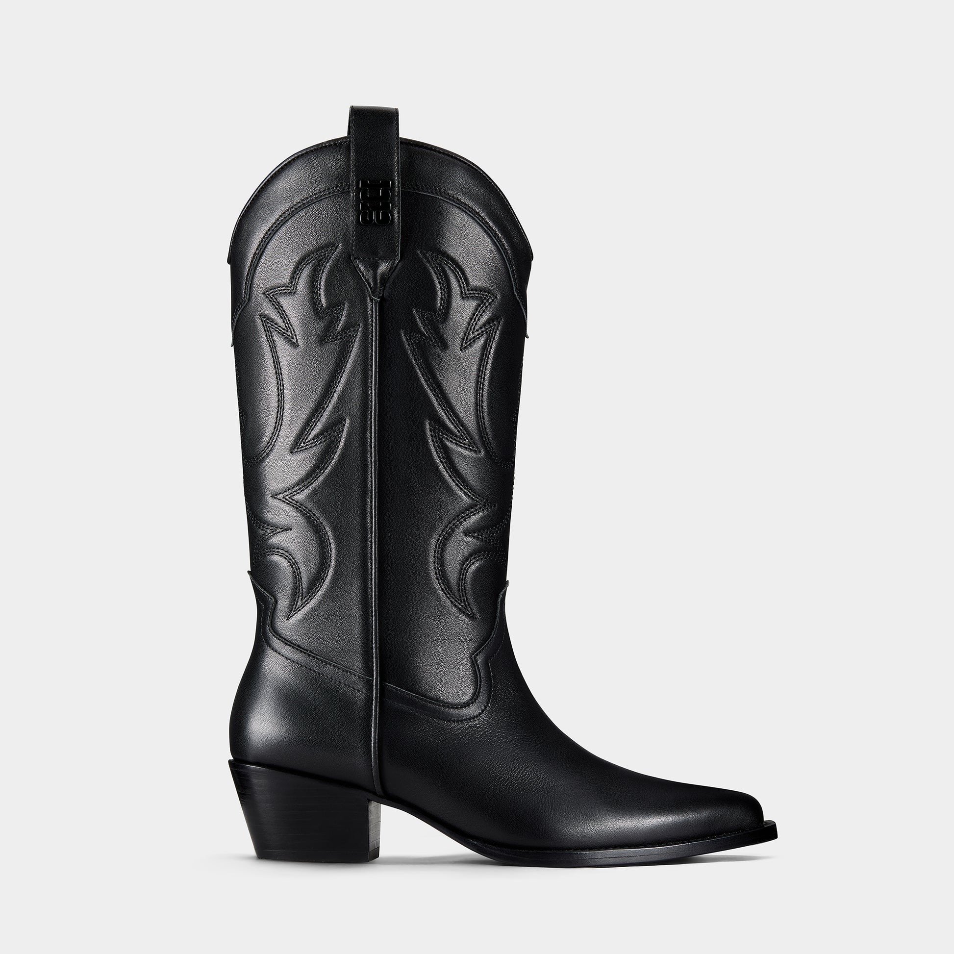 Black cowboy boot with embroidered design and metal branding on a light grey background - side view.