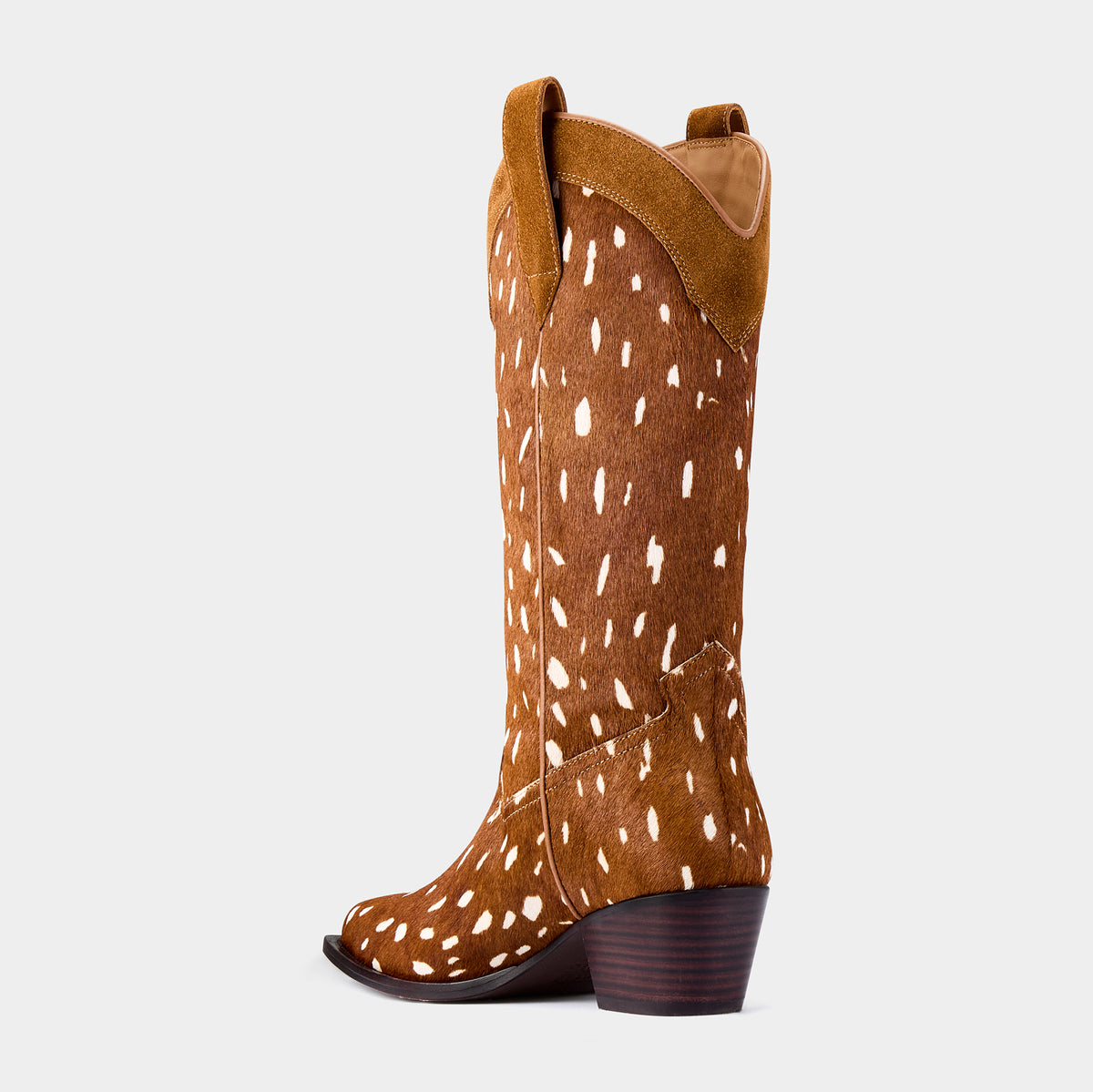 Fawn print calf hair cowboy boot on a light grey background - back angle