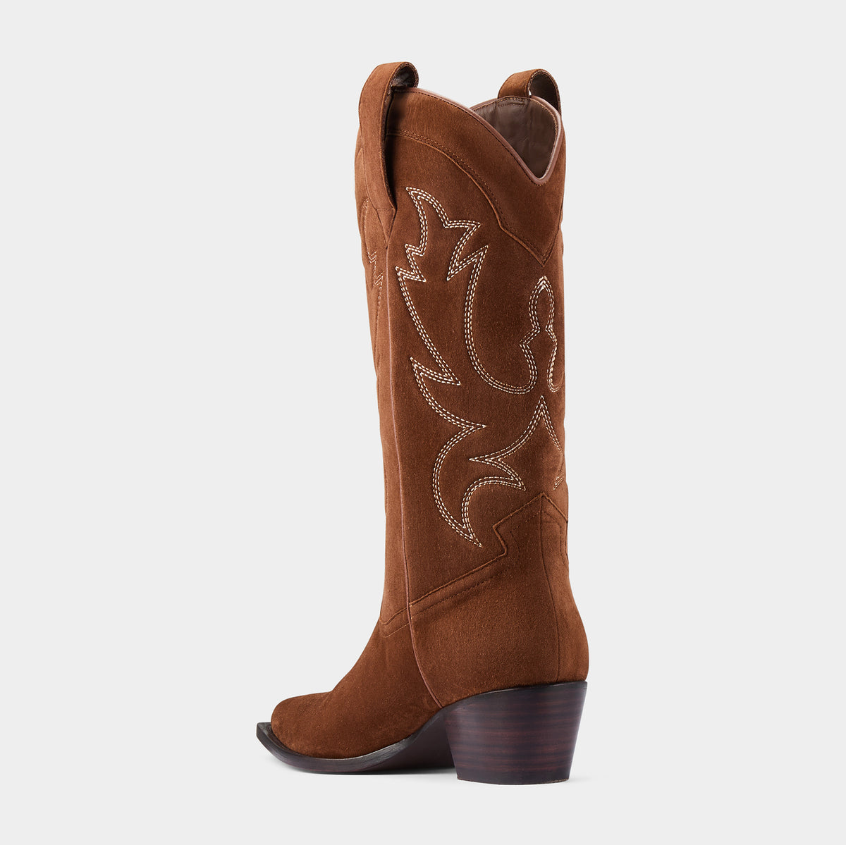 Cognac suede cowboy boot with embroidery detail on a white background - back angle