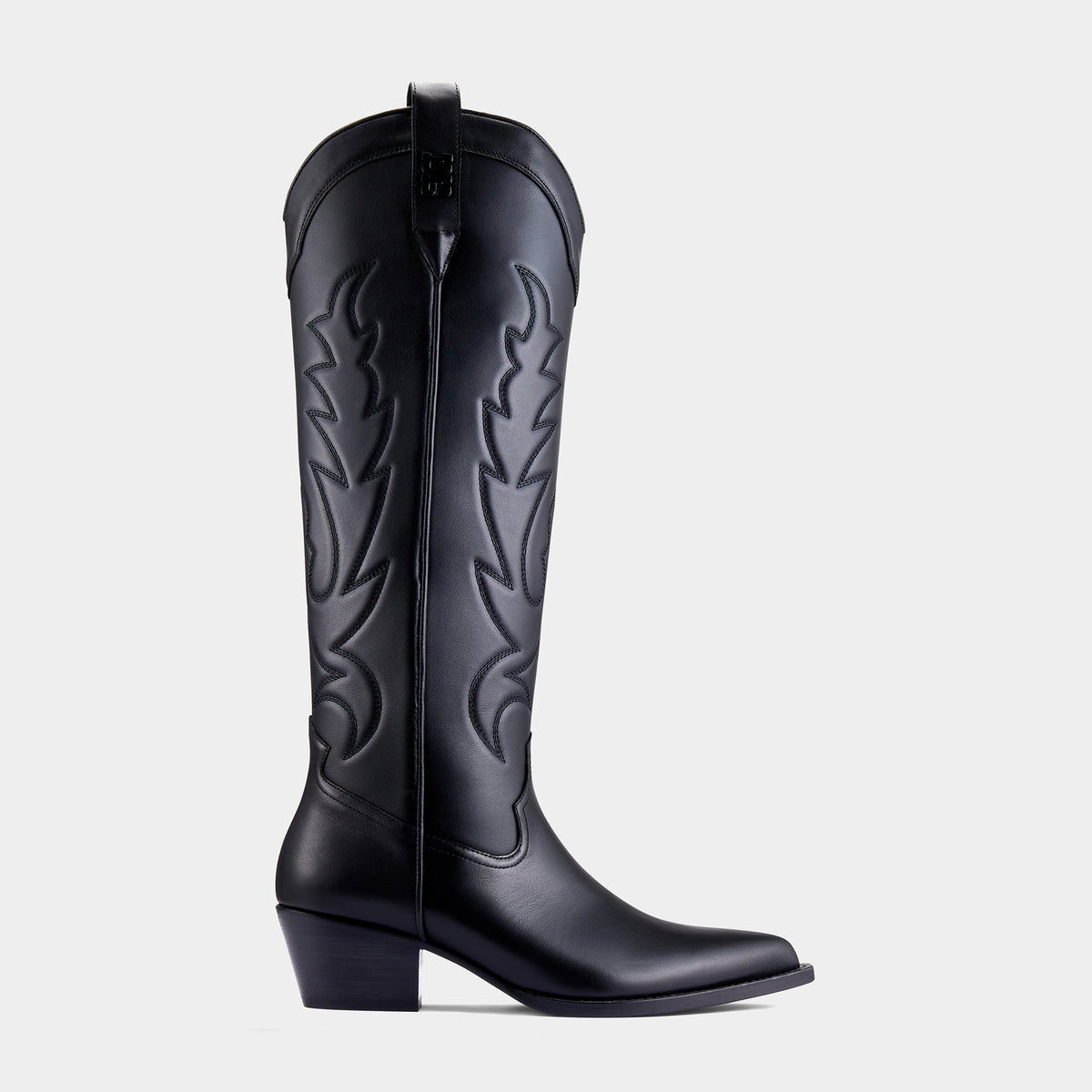 Black knee-high cowboy boot with a black embroidery design on a light grey background - back angle