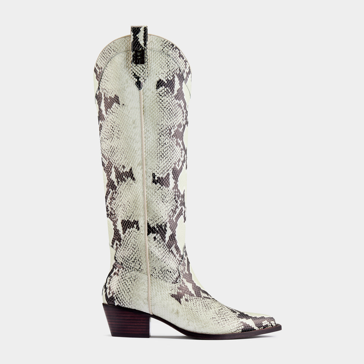 Python print calf nappa cowboy boot on a light grey background - side angle