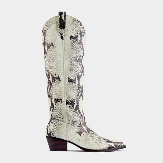 Python print calf nappa cowboy boot on a light grey background - side angle