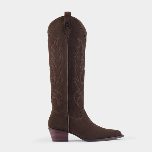 Duke's Original Tall in Cocoa suede cowboy boot on a white background - side angle