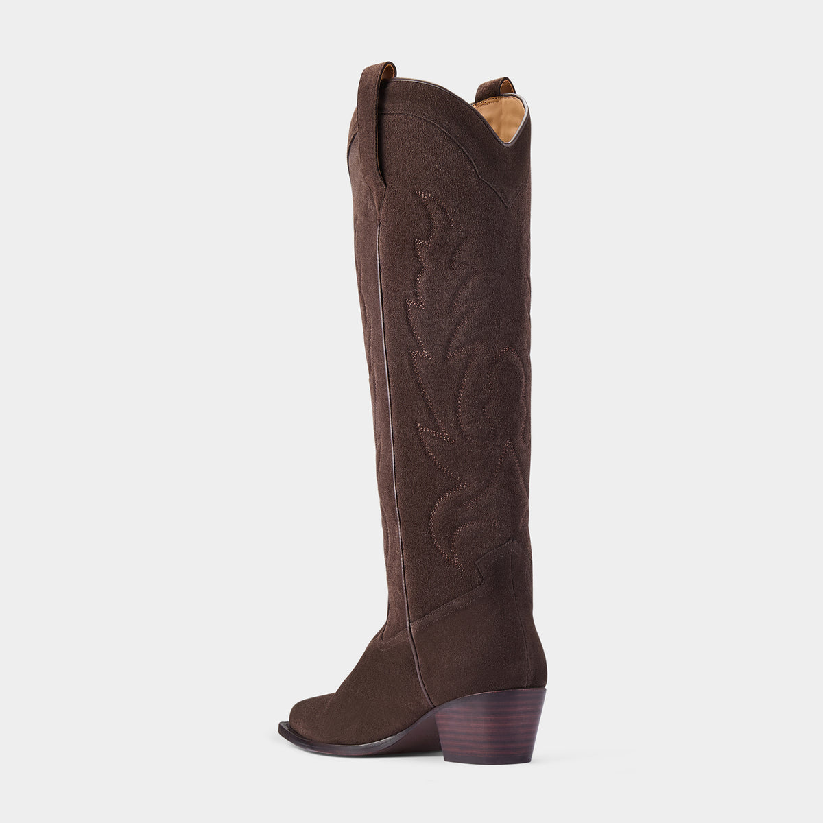 Duke's Original Tall in Cocoa suede cowboy boot on a light grey background - back angle