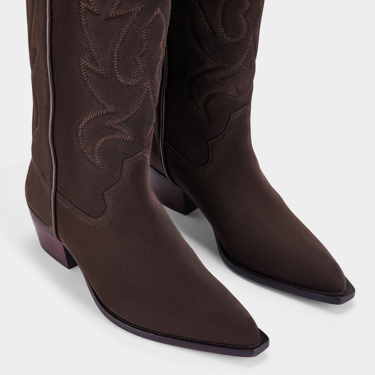 Duke's Original Tall in Cocoa suede cowboy boot with embroidery detail on a white background - close up