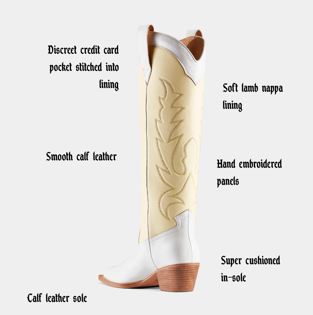 Bone and Banana yellow cowboy boot on a white background, featuring text about boot features.