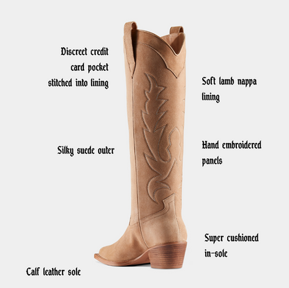 Tan suede cowboy boot with embroidered design on a white background, featuring text about boot features.